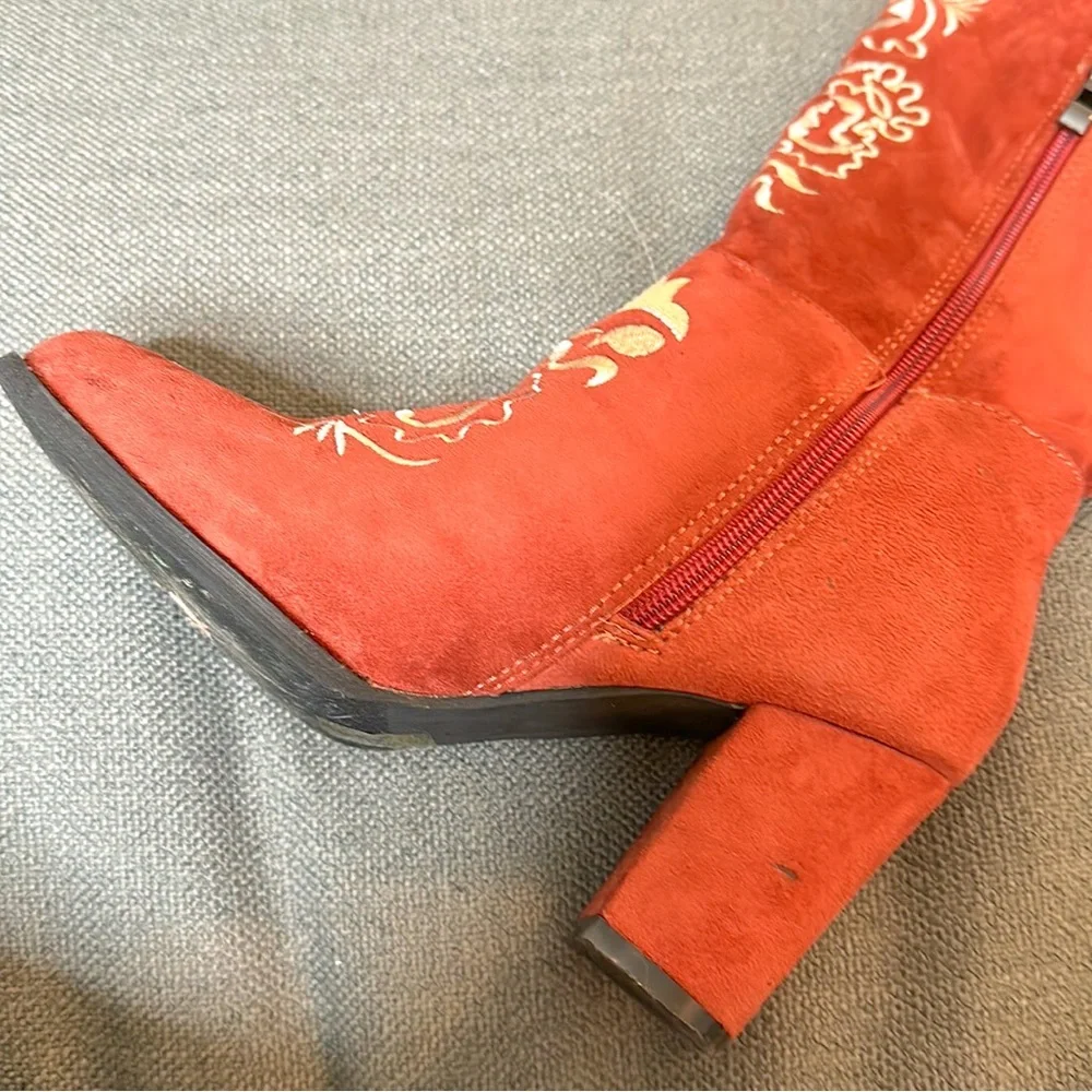 Kala Vella Rust Red Embroidered Suede Knee-High Heeled Boots - Picture 7 of 12